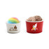 Two gelato cups in white and red, filled with rainbow and chocolate ice cream, featuring logos.