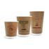 Three custom disposable double wall kraft paper cups in various sizes, featuring brown tones and a logo on each cup.