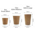 A set of three custom disposable double wall kraft paper cups in various sizes: 8oz, 12oz, and 16oz, featuring white rims.