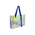 A large, colourful transparent PVC tote bag with glossy, iridescent surface and blue handles.