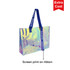 A colourful transparent PVC tote bag with a reflective surface and blue ribbon handles featuring a logo.