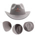 A classic felt fedora cowboy hat in grey, featuring a decorative logo. The hat has a wide brim and a rounded crown.