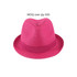 A pink straw hat with a wide brim and a decorative band, featuring a logo. Perfect for sunny days.