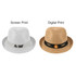A Madrid Style String Straw Hat in white with screen print and a tan hat with a decorative band. Both have logos.