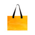 An orange clear tote bag with black handles, featuring a simple design and a logo.