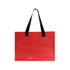A red PVC clear tote bag with black handles, featuring a simple design and a logo.