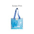 An iridescent clear tote bag with blue handles and a logo, featuring a shiny, transparent finish.
