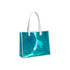 A turquoise PVC handbag with white handles and a clear, shiny finish. Features a logo.