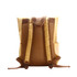 A yellow and brown Tyvek roll top backpack with padded straps and mesh detailing on the back.