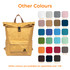 A yellow Tyvek roll top backpack with various colour swatches displayed alongside. It features a logo.