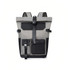 A roll-top backpack in grey and black, featuring multiple pockets and adjustable straps, with a logo on the front.