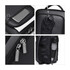 A black polyurethane laptop backpack with various compartments, including a phone pocket, a top handle, and zippered details.