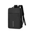 A black laptop backpack with USB charging feature, featuring a front zippered pocket and padded shoulder straps.