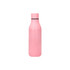 A drink bottle with a sleek, powder-painted finish in pink, featuring a cap and a logo.