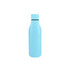 A drink bottle in a light blue colour with a sleek, modern design and a black lid. It has a logo on the surface.