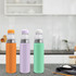 A drink bottle set featuring three 750ML stainless steel vacuum bottles in orange, lavender, and mint green, with transparent caps and branding.