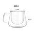 A clear double wall glass mug with a capacity of 220ml, featuring a unique geometric design and a handle.