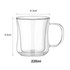 A double wall glass mug with a transparent design, measuring 9.4 cm in height and 8.3 cm in diameter.