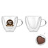 A heart-shaped double wall mug in clear glass with a handle and a logo. Features a light brown design inside.
