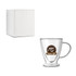 A V-shaped double wall mug in clear glass with a handle, accompanied by a plain white box.