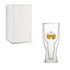 A drink bottle made of clear glass with a double wall design, featuring an illustration of two beer mugs.