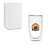 A double wall glass with a clear design and a logo on the front, accompanied by a plain white box.