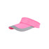 A pink and grey sun visor with a wide brim and an adjustable band, featuring a logo on the front.