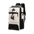 A convertible backpack duffel bag in white and black with multiple compartments and a logo on it.