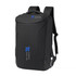 A waterproof black business backpack with a logo and USB charging port.