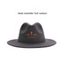 A black felt wide brim fedora hat with a logo on the front, featuring a distinct shaped crown.