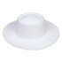 A white flat top felt fedora hat with a wide brim and a rounded crown. The hat features a logo.