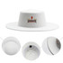A white flat top felt fedora hat with a logo, featuring a wide brim and interior details.
