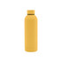 A drink bottle in bright yellow, featuring a rubber-coated exterior and a double wall design. It has a logo on it.