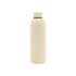 A drink bottle in a creamy beige colour with a rubber-coated exterior and a double wall design. It has a logo on it.