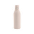 A drink bottle in a soft pink hue with a rubber coating and a metal lid. It features a logo on the surface.