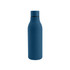 A drink bottle in a matte blue finish with a black lid and a rubber coating. It features a logo.