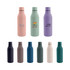 A drink bottle collection featuring various colours: pink, green, purple, navy, dark green, and cream, with logos.