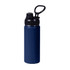A drink bottle in navy blue stainless steel with a black lid and carry handle. Features a logo on the side.