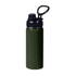 A drink bottle in dark green stainless steel with a black lid and carry handle, featuring a branded logo.