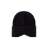 A black earflap beanie with a ribbed texture and a folded cuff. It features a logo on the side.