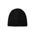 A black cable knit beanie with a textured design and a simple, rounded shape. It features a logo on one side.