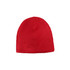 A red cable knit beanie with a ribbed texture, featuring a logo on the side.