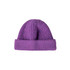 A purple round beanie featuring a ribbed texture and a folded cuff, with a branding logo present.