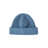 A round beanie in a soft blue shade with a ribbed texture and a folded cuff. It features a logo on the side.