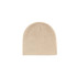 A beige beanie made from knitted fabric, featuring a seamless design and a small branding logo.