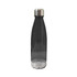A drink bottle in translucent black with a stainless steel lid and a rounded base, featuring a logo.