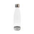 A drink bottle made of clear, translucent material with a stainless steel lid and base. It features a logo.