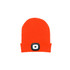 An orange beanie featuring a front light panel and a black base for the light.