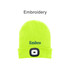 A bright yellow beanie featuring a built-in headlamp and a logo, designed for warmth and visibility.