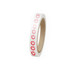 A roll of BOPP white packaging tape with a logo in red, featuring a smooth finish and a core centre.